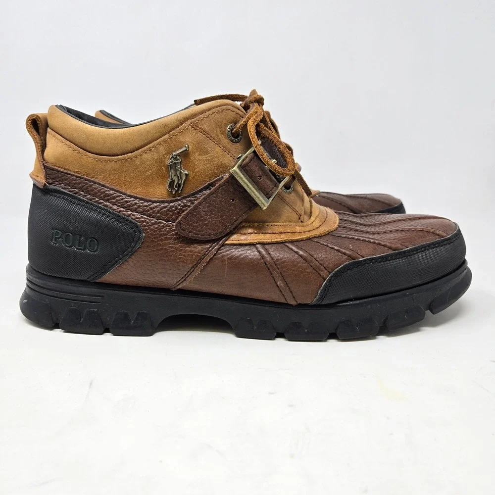 Polo Ralph Lauren Duck Boots Leather Buckle Strap 12D Brown Tan Rugged Mens
